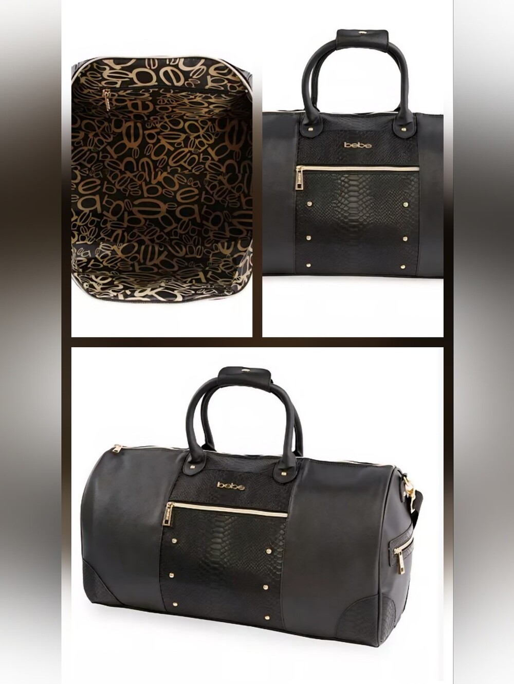 Bebe | Ellisa 22" Weekend Travel Duffel Bag | Black & Gold Faux Snakeskin